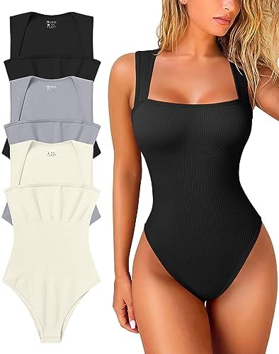 OQQ Women's Ribbed Strappy Bodysuit Set Tummy Control Square Neck 3 Piece M