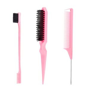 Pink 3-Pc Hair Brush Set: Slick Back Brush, Rat Tail Comb, Edge Brush