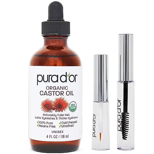 PURA D'OR Organic Castor Oil 4 Oz w/ 2 Brushes - Pure Eyelash & Brow Serum