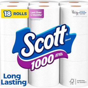 Scott 1000 Toilet Paper, 18 Rolls, Septic-Safe, 1-Ply
