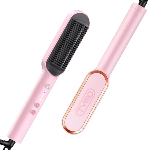TYMO Ring Hair Straightener Comb Brush for Women, 5 Temps, Fast Heating, Pink