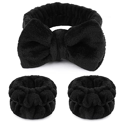 WSYUB Black Spa Headband & 2 Wristbands for Face Washing and Skincare