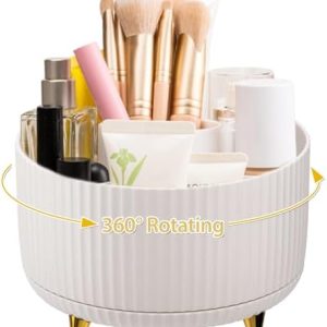 White Rotating Makeup Brush Holder Organizer, 360 Degree Swivel, Large Capacity