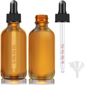 Amber Glass Dropper Bottles 2 oz, 2 Pack with Funnel