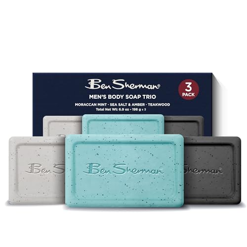 Ben Sherman Men's 3-Pack Exfoliating Bar Soap Set Mint Sea Salt Teakwood Scents