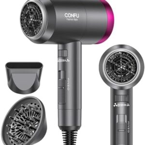 CONFU Professional 1600W Ionic Hair Dryer with Portable Design, Diffuser, and Nozzle Set
