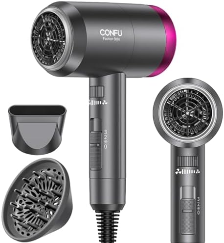CONFU Professional 1600W Ionic Hair Dryer with Portable Design, Diffuser, and Nozzle Set