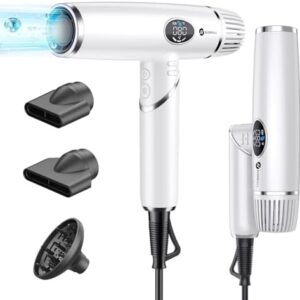 Compact Foldable Ionic Hair Dryer with Diffuser and LCD Display, Travel Size