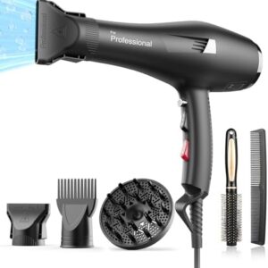 Ionic AC Hair Dryer Set 1875W Black with Diffuser, Comb, and Nozzle Attachment