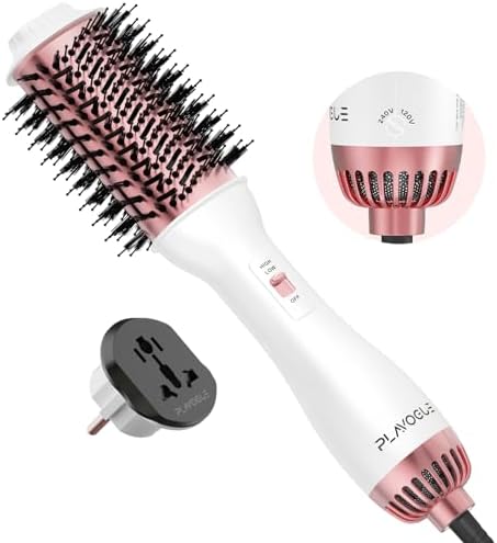 PLAVOGUE Dual Voltage Ionic Hair Dryer Brush White Pink 2-in-1 Styling Tool All Hair Types