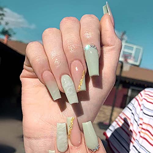 RikView Green Rhinestone Coffin Press-On Acrylic Nails