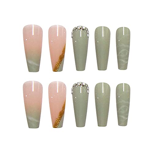 RikView Green Rhinestone Coffin Press-On Acrylic Nails - Image 2