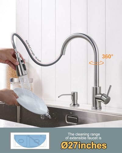 WOWOW Pull Down Kitchen Faucet with Soap Dispenser, Nickel - Image 3