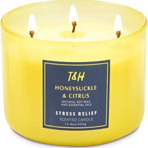 Honeysuckle Citrus Scented Candle 3 Wick | Relaxing Soy Candles for Home | Aromatherapy Candle for Stress Relief | Grapefruit Mint Candle Long Lasting Clean Burn | Uplifting Candles for Women & Men