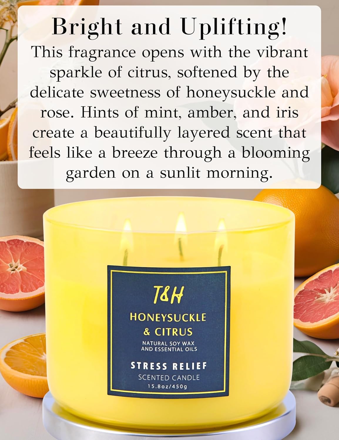 Honeysuckle Citrus Scented Candle 3 Wick | Relaxing Soy Candles for Home | Aromatherapy Candle for Stress Relief | Grapefruit Mint Candle Long Lasting Clean Burn | Uplifting Candles for Women & Men - Image 2