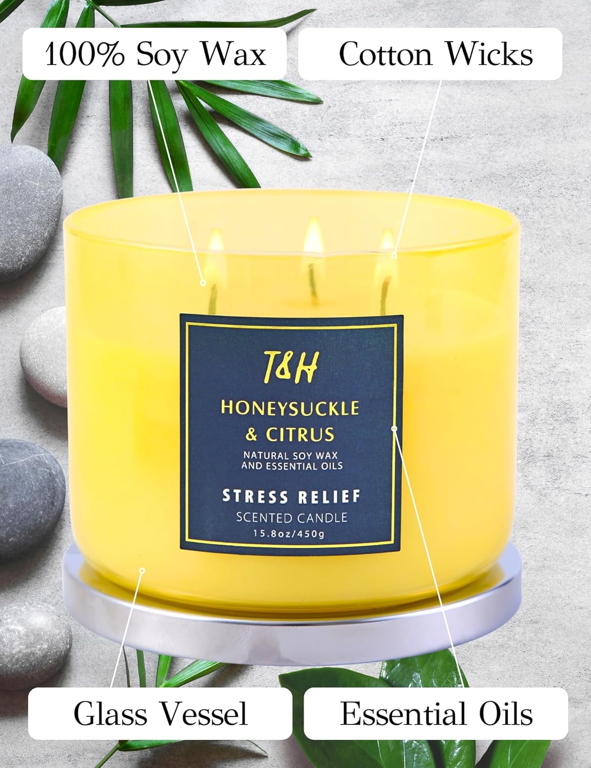 Honeysuckle Citrus Scented Candle 3 Wick | Relaxing Soy Candles for Home | Aromatherapy Candle for Stress Relief | Grapefruit Mint Candle Long Lasting Clean Burn | Uplifting Candles for Women & Men - Image 5