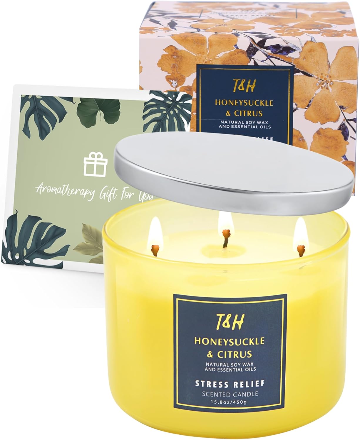 Honeysuckle Citrus Scented Candle 3 Wick | Relaxing Soy Candles for Home | Aromatherapy Candle for Stress Relief | Grapefruit Mint Candle Long Lasting Clean Burn | Uplifting Candles for Women & Men - Image 6