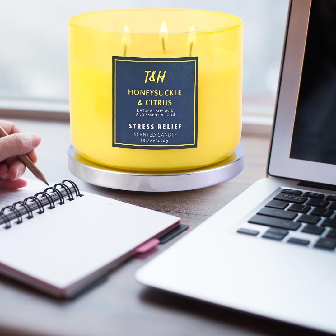 Honeysuckle Citrus Scented Candle 3 Wick | Relaxing Soy Candles for Home | Aromatherapy Candle for Stress Relief | Grapefruit Mint Candle Long Lasting Clean Burn | Uplifting Candles for Women & Men - Image 8