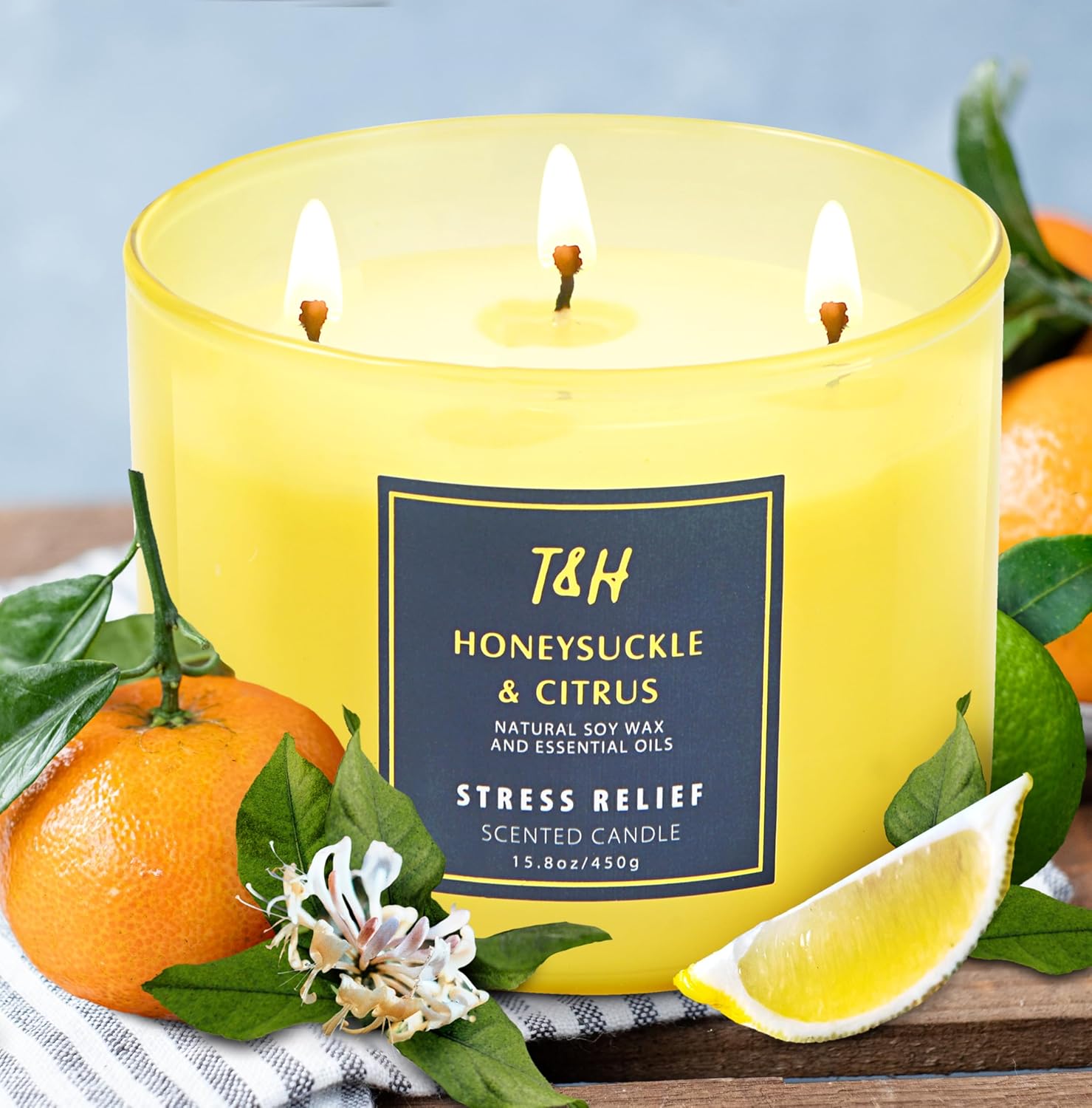 Honeysuckle Citrus Scented Candle 3 Wick | Relaxing Soy Candles for Home | Aromatherapy Candle for Stress Relief | Grapefruit Mint Candle Long Lasting Clean Burn | Uplifting Candles for Women & Men - Image 9