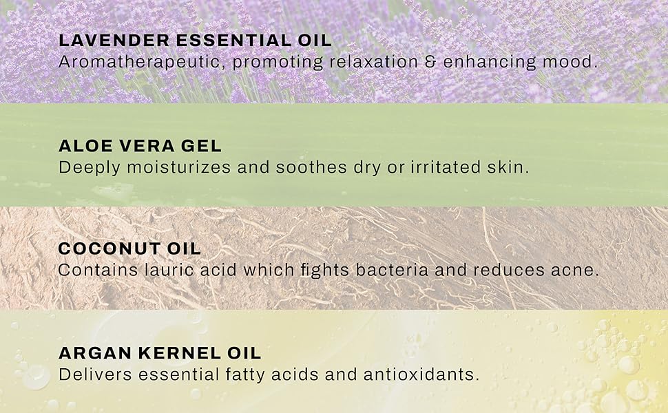 Lavender Essential Oil,Aloe Vera Gel,coconut Oil and Argan kernel oil