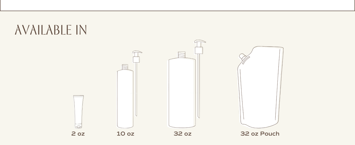 Available in 2 oz bottle, 10 oz bottle, 32 oz bottle, and 32 oz refill pouch. All are PCR packaging.