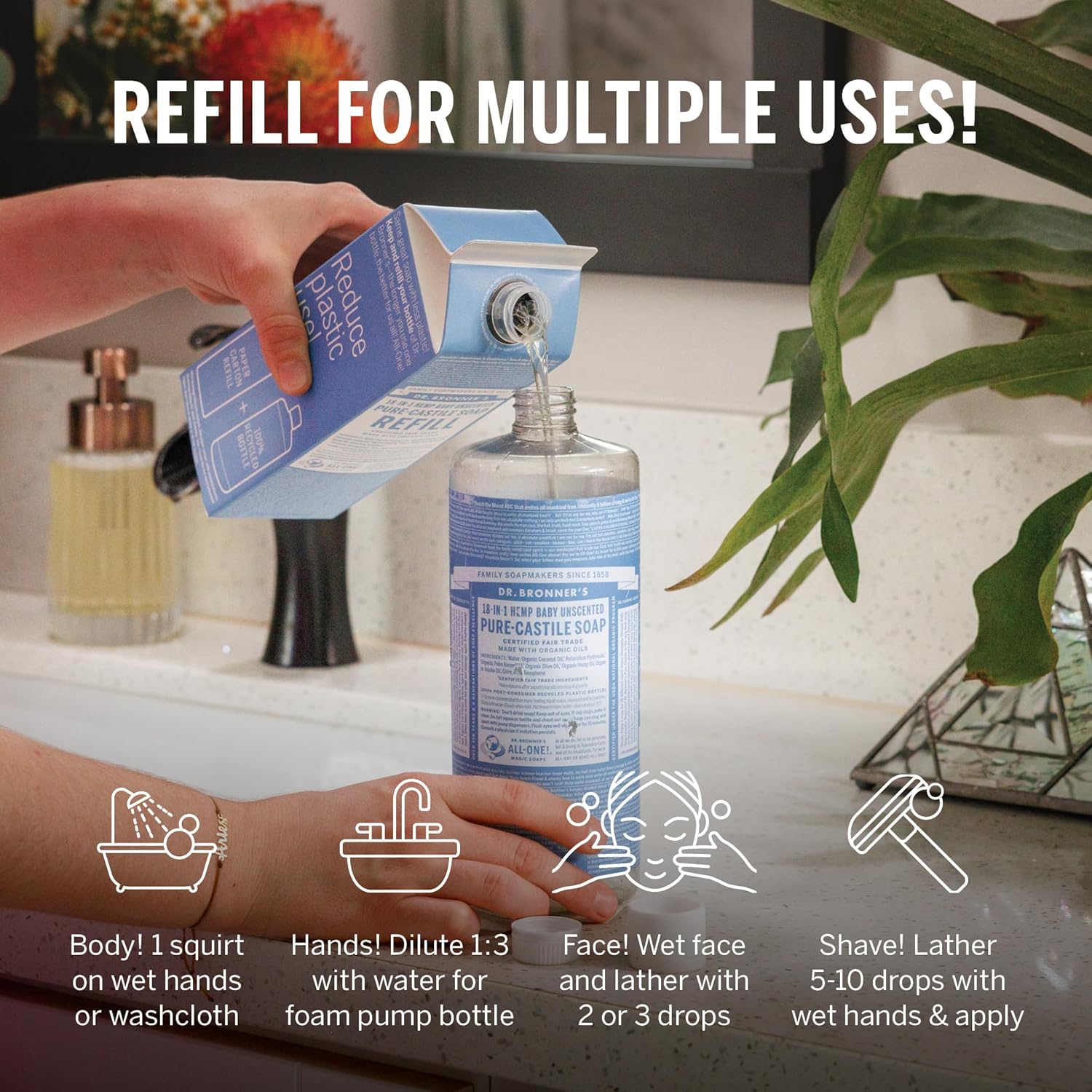 Dr. Bronner's Baby Unscented 32oz Organic Castile Liquid Soap Refill 18-in-1 Uses - Image 2