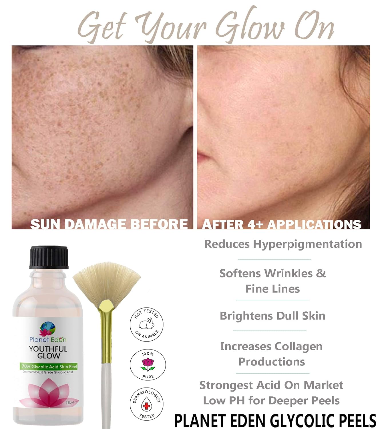 Planet Eden 80% GlyLactic Skin Chemical Peel - Glycolic & Lactic Acid Powerhouse Duo with Anti Aging Antioxidant Recovery Cream & Fan Brush - Intense Anti Aging Treatment - Image 4