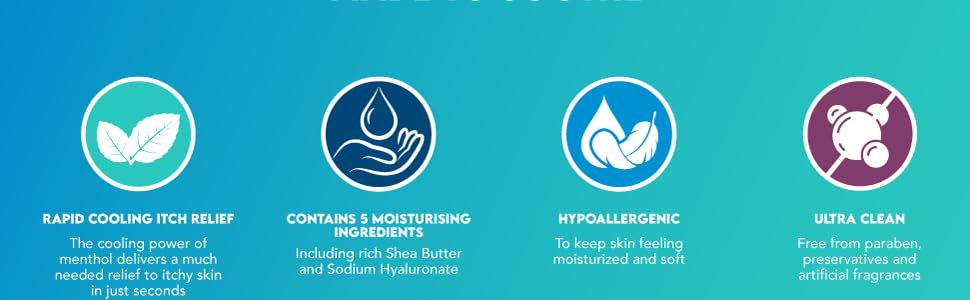 rapid cooling, itch relief, hypoallergenic, ultra clean