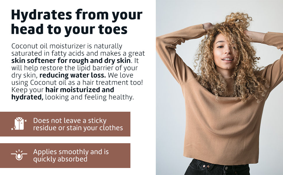 coconut oil benefits on the left and girl with curly hair on right with blank background