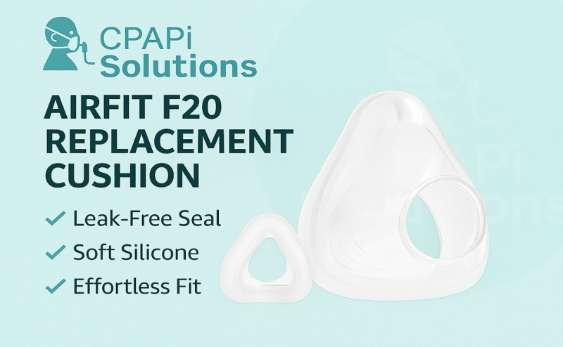 AirFit F20 replacement cushion front and angled view with CPAPi Solutions branding.