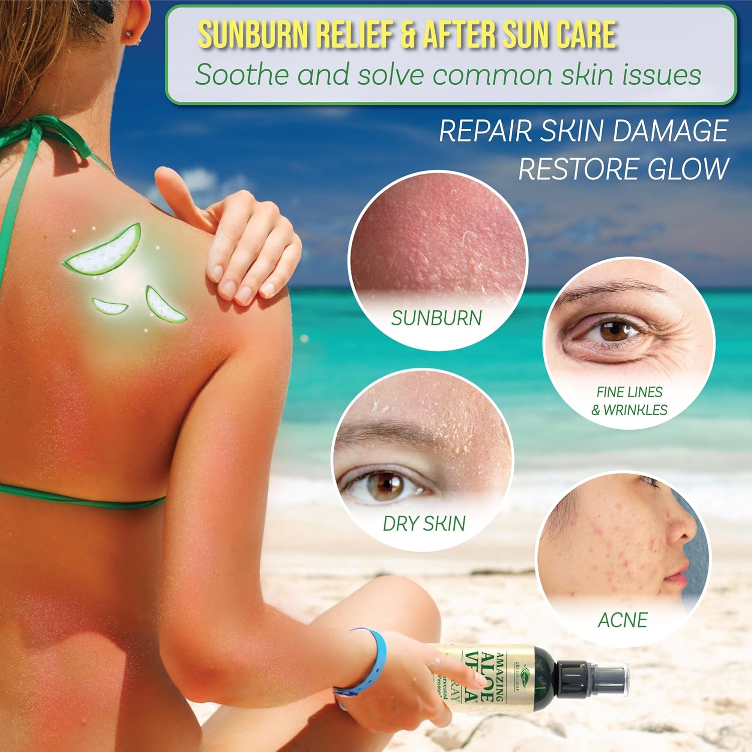 Green Leaf Naturals Aloe Vera Spray | 99% Cold-Pressed Aloe Vera Juice with Vitamin C, E & A | Hair, Skin, Facial Moisturizer, Sunburn Relief & After Sun Lotion 8oz - Image 2