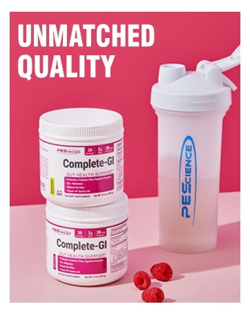 complete GI digestion supplement on a table with a shaker cup with title unmatched quality