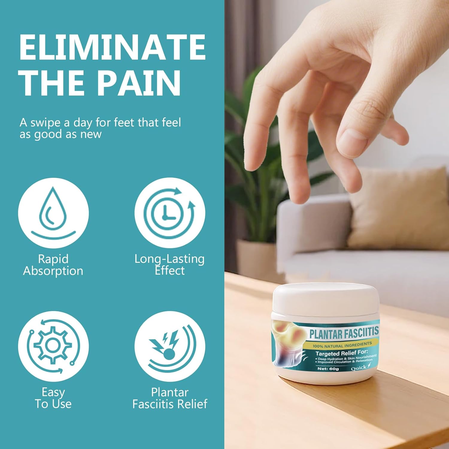 Plantar Fasciitis Relief Cream, Fast-Acting Foot & Heel Pain Cream for Plantar Fasciitis, Heel Spurs, Knee & Joint Discomfort, Soothes Feet, Hands & Legs Pain, 60g - Image 3