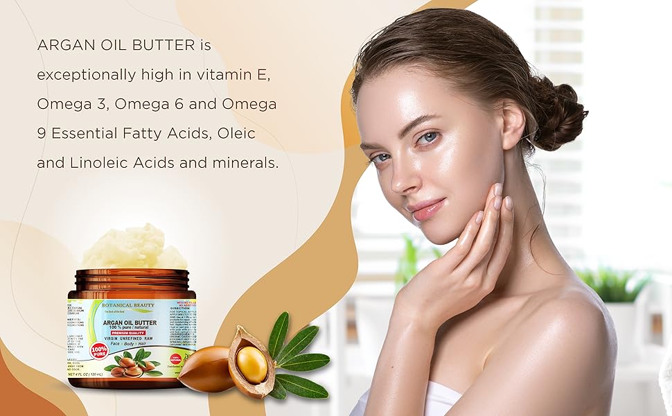 A woman caring for her skin and hair with Organic Argan Oil Butter.