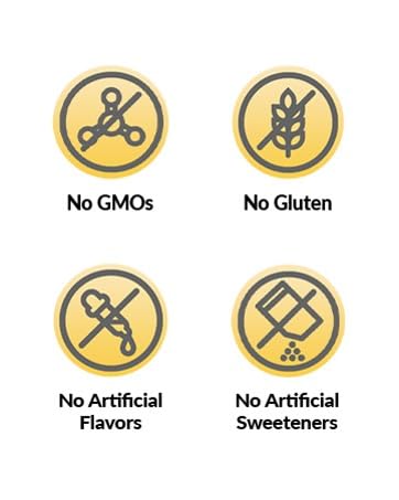 No GMOs, Gluten, GMOs Artificial Sweeteners, Colors, Flavors