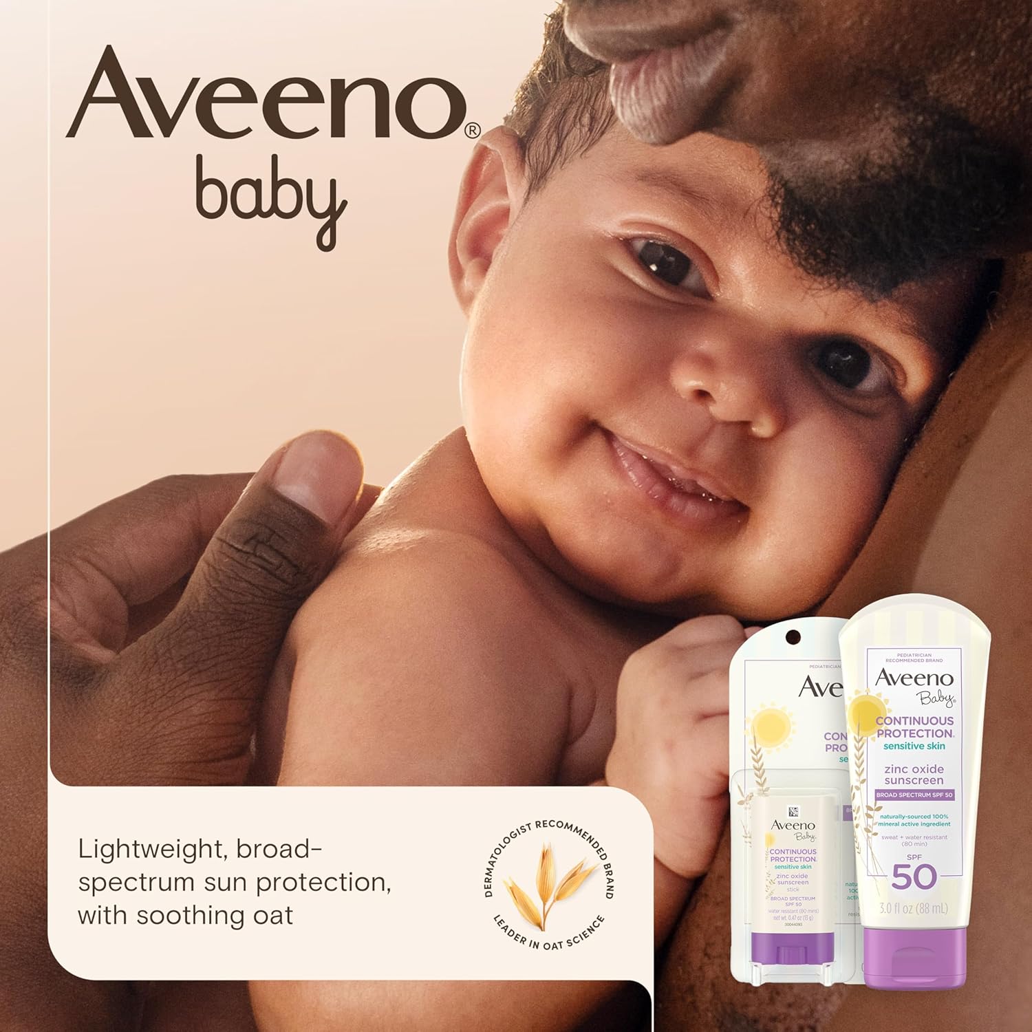 Aveeno Baby Continuous Protection Zinc Oxide Mineral Sunscreen Lotion for Sensitive Skin, Broad Spectrum SPF 50, Tear-Free, Sweat- & Water-Resistant, Paraben-Free, Non-Greasy, 7 fl. oz - Image 2