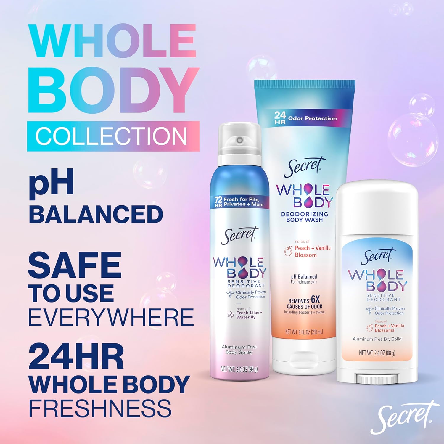 Secret Whole Body Feminine Wash + Deodorant Spray Bundle for Women, Peach + Vanilla Blossom Scent, Aluminum Free, Odor Protection, 8.0 oz & 3.5 oz (Pack of 2) - Image 2