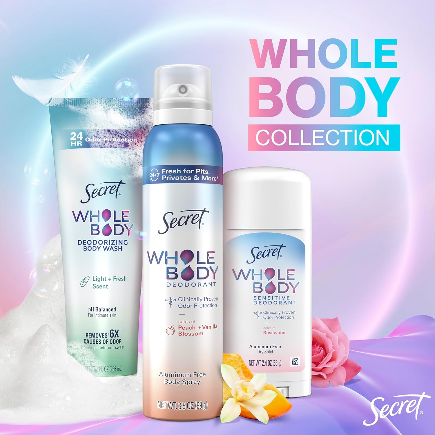 Secret Whole Body Feminine Wash + Deodorant Spray Bundle for Women, Peach + Vanilla Blossom Scent, Aluminum Free, Odor Protection, 8.0 oz & 3.5 oz (Pack of 2) - Image 15