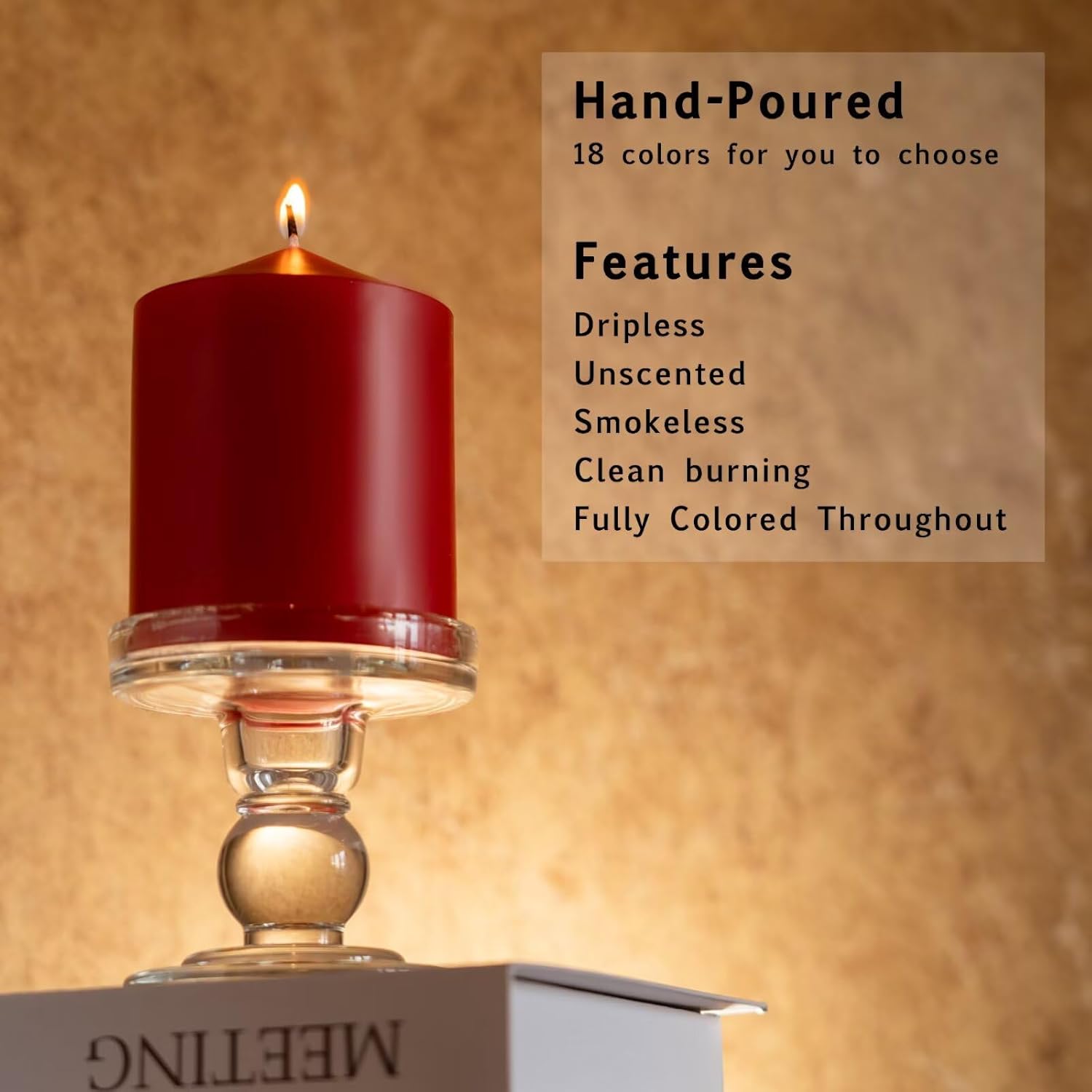 MOZEAL 3-Piece Unscented Red Pillar Candle Set 3x4 Inches Dripless Smokeless - Image 2