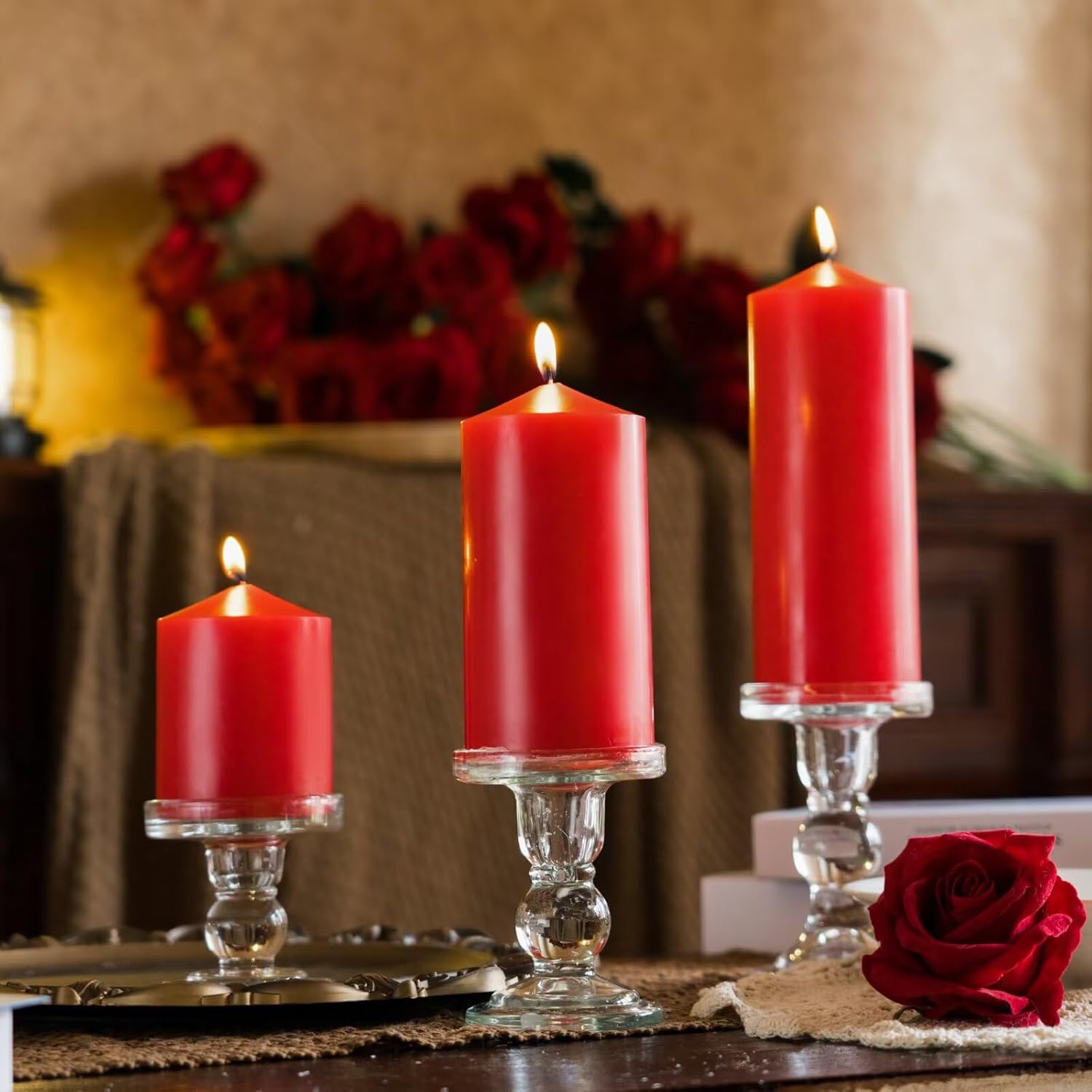 MOZEAL 3-Piece Unscented Red Pillar Candle Set 3x4 Inches Dripless Smokeless - Image 4