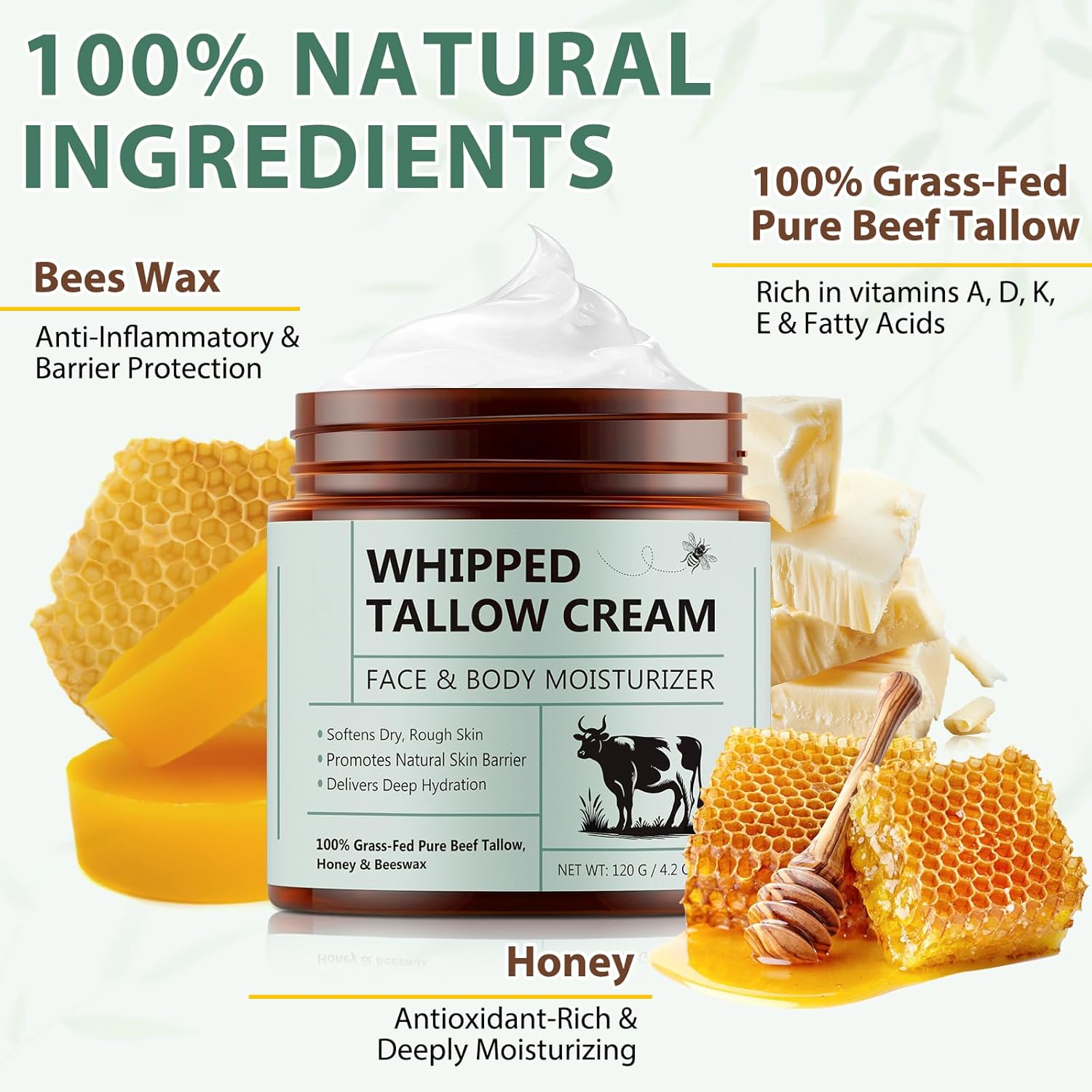 Beef Tallow for Skin, Whipped Tallow Cream Organic for Face, 100% Grass-Fed Pure Beef Tallow, Honey & Beeswax, Whipped Tallow Honey Balm for Face Moisturizer Body Lotion Skin Care for Sensitive Skin - Image 2