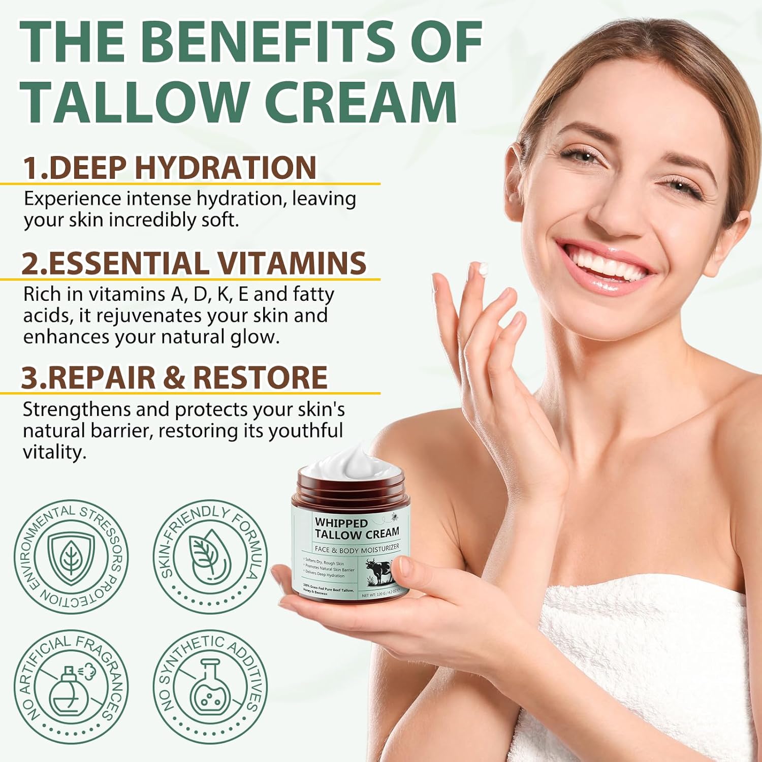 Beef Tallow for Skin, Whipped Tallow Cream Organic for Face, 100% Grass-Fed Pure Beef Tallow, Honey & Beeswax, Whipped Tallow Honey Balm for Face Moisturizer Body Lotion Skin Care for Sensitive Skin - Image 3