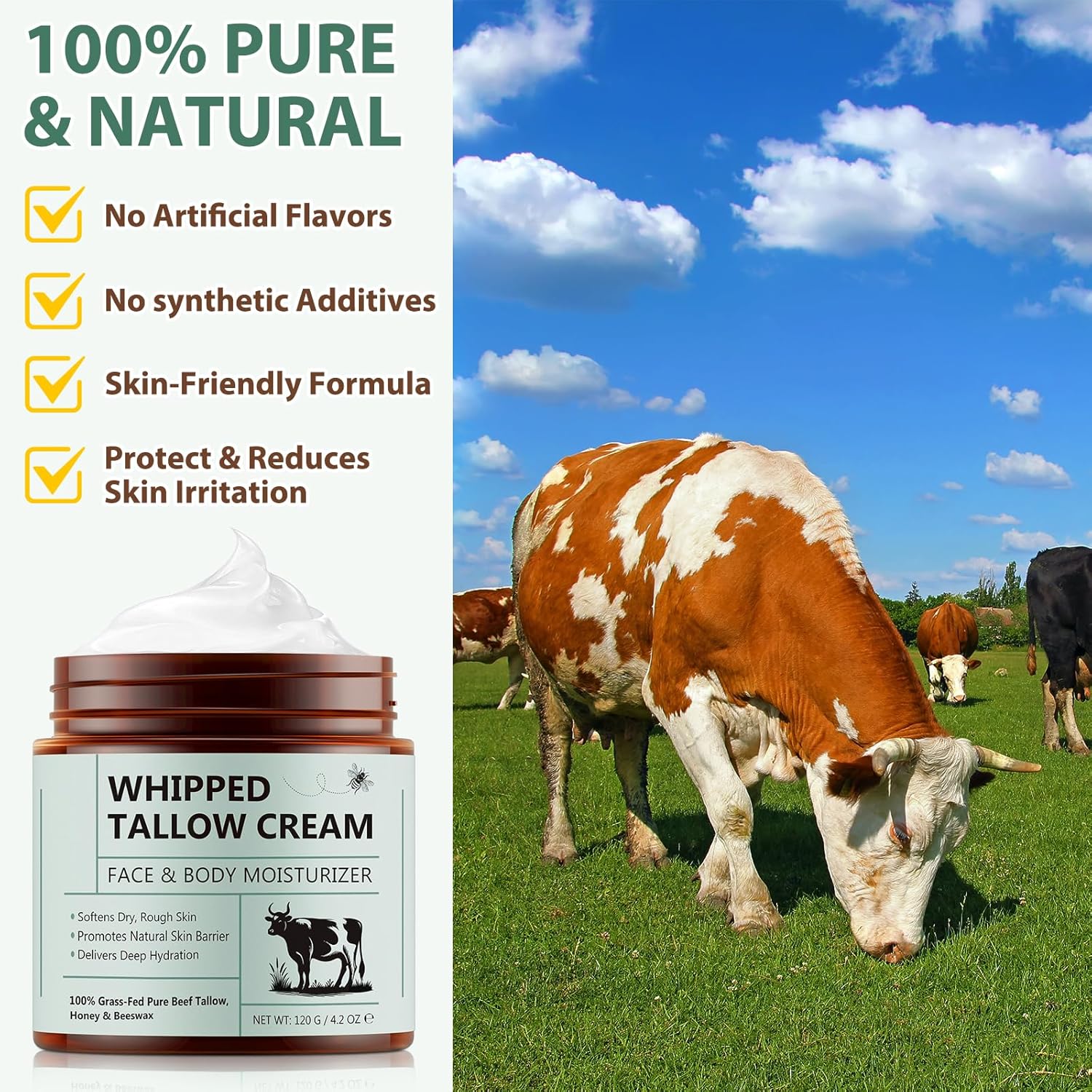 Beef Tallow for Skin, Whipped Tallow Cream Organic for Face, 100% Grass-Fed Pure Beef Tallow, Honey & Beeswax, Whipped Tallow Honey Balm for Face Moisturizer Body Lotion Skin Care for Sensitive Skin - Image 7