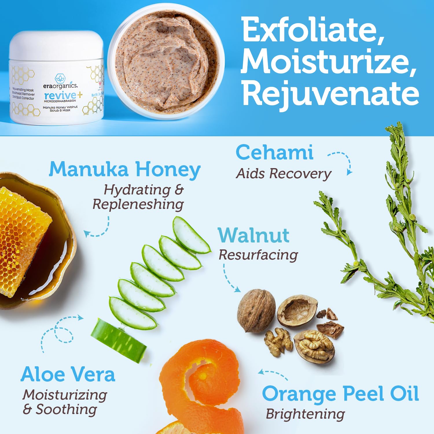 Era Organics Face Wash & Face Scrub – Microdermabrasion Face Scrub with Manuka Honey Plus Walnut for Blackheads & Buildup + Manuka Honey Face Wash for Gentle, Sulfate-Free Cleansing (8oz 2 pack + 4oz) - Image 5