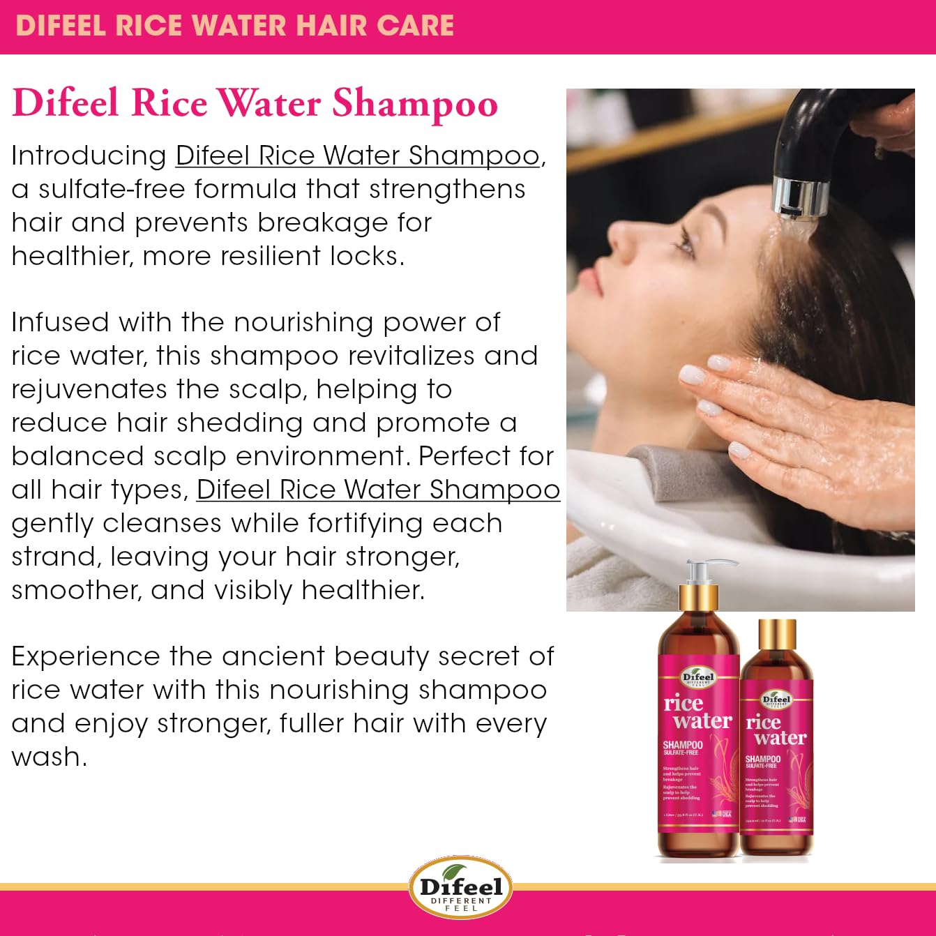 Difeel Rice Water Hair Care Ultimate Shampoo & Conditioner 6PC Set - Includes 33.8oz Shampoo, 33.8oz Conditioner, 12oz Hair Mask, 7.1oz Hair Oil, 7.1oz Root Stimulator & 8oz Leave in Spray - Image 3