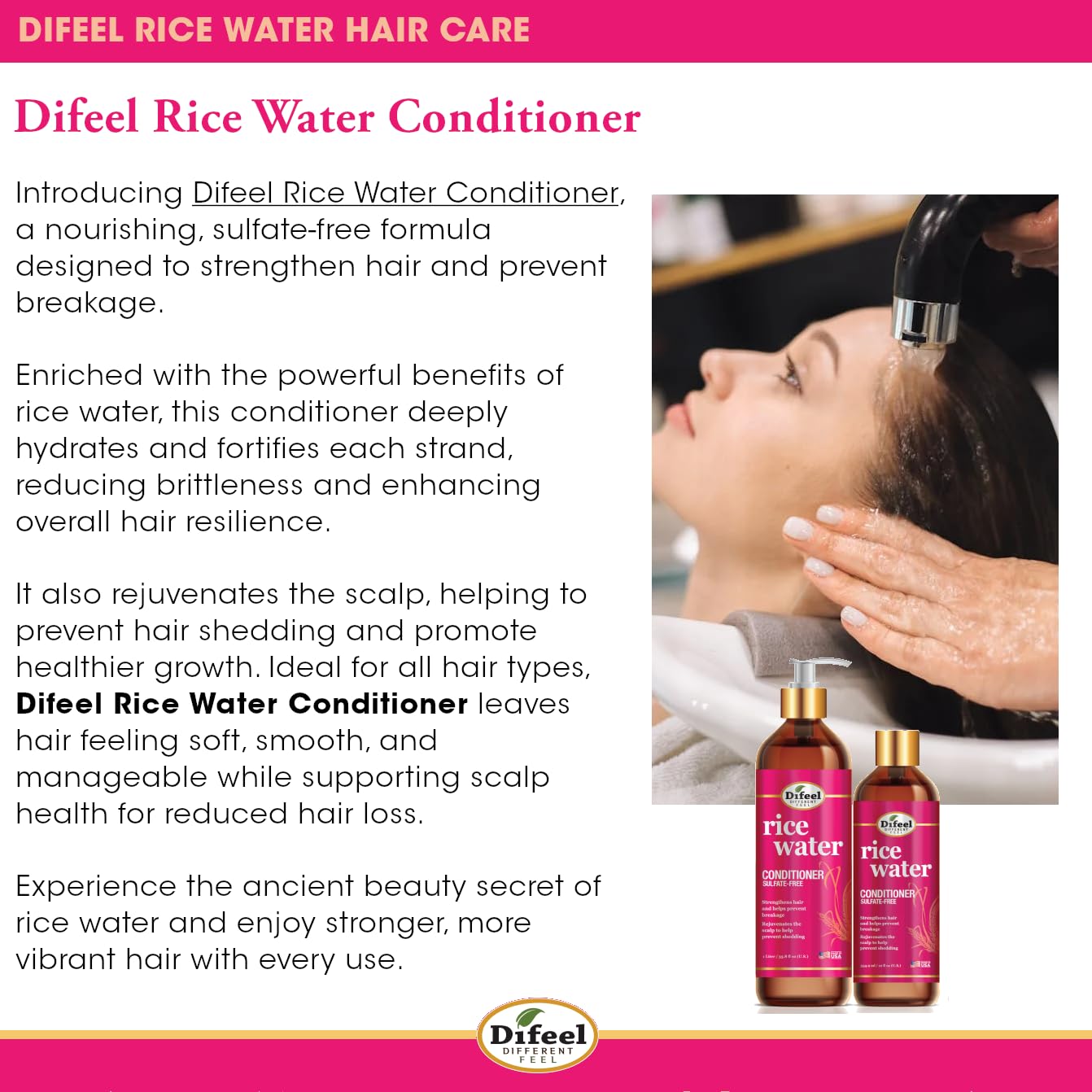 Difeel Rice Water Hair Care Ultimate Shampoo & Conditioner 6PC Set - Includes 33.8oz Shampoo, 33.8oz Conditioner, 12oz Hair Mask, 7.1oz Hair Oil, 7.1oz Root Stimulator & 8oz Leave in Spray - Image 4