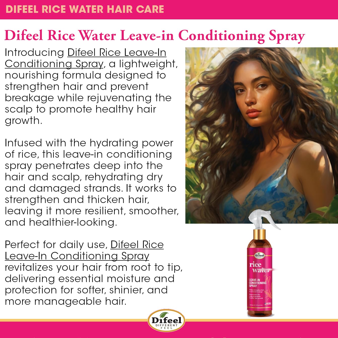 Difeel Rice Water Hair Care Ultimate Shampoo & Conditioner 6PC Set - Includes 33.8oz Shampoo, 33.8oz Conditioner, 12oz Hair Mask, 7.1oz Hair Oil, 7.1oz Root Stimulator & 8oz Leave in Spray - Image 5