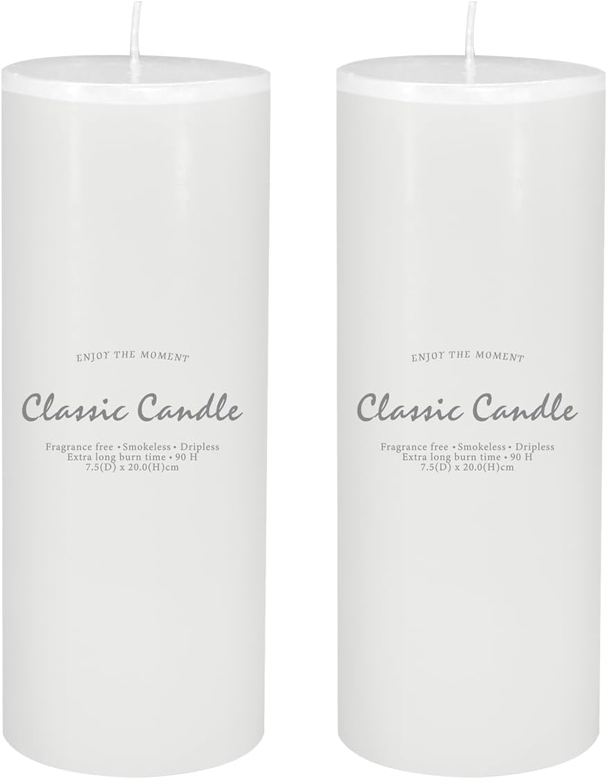 2 Pack 3x8 Hand Poured White Dripless Pillar Candles, Soy Candles, Non-Toxic, Unscented, Smokeless, for Power Outages & Emergency