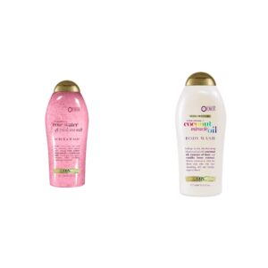 OGX Extra Creamy + Coconut Miracle Oil Ultra Moisture Body Wash, 19.5 Fl Oz & Pink Sea Salt & Rosewater Gentle Soothing Body Scrub, Light Exfoliating Body Wash, Sulfate-Free, 19.5 Ounce, 1.0 Count