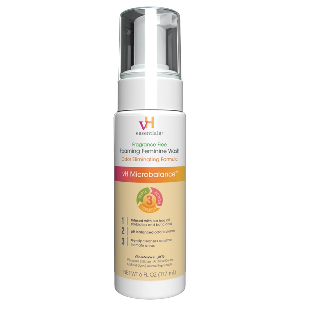 vH essentials Foaming Feminine Wash - Fragrance Free - Ph Balanced, Hypoallergenic, Prebiotics, Natural Botanical Extracts and Vitamins - Odor Eliminating Formula - 6 Fl Oz